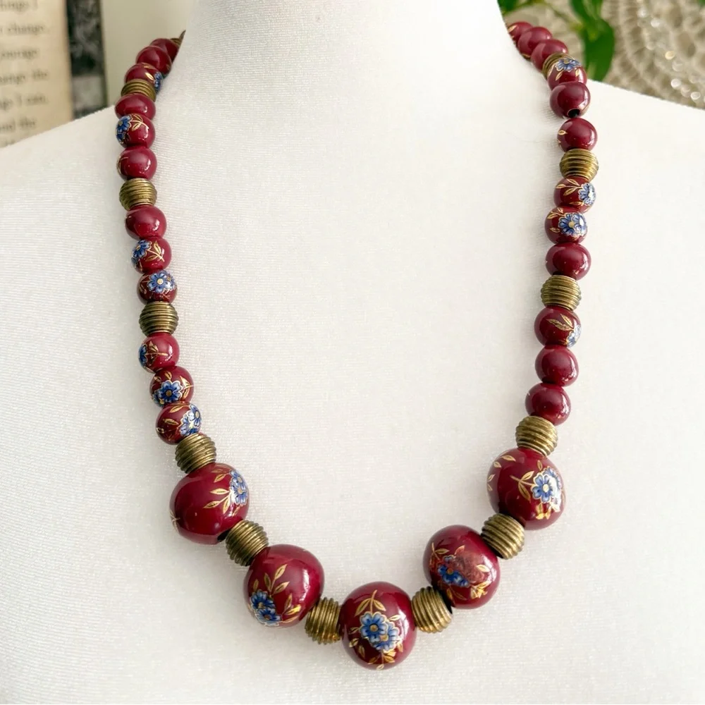 Vintage Oxblood Ceramic Bead Necklace Hand Painted Floral Chinoiserie Gilt MCM - Picture 9 of 9